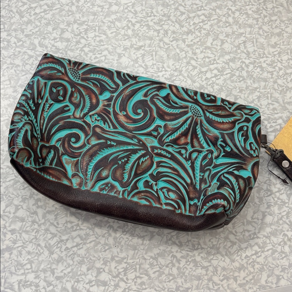 Patricia Nash Dark Brown and Turquoise Wristlet NWT tooled turquoise collection - Picture 4 of 9